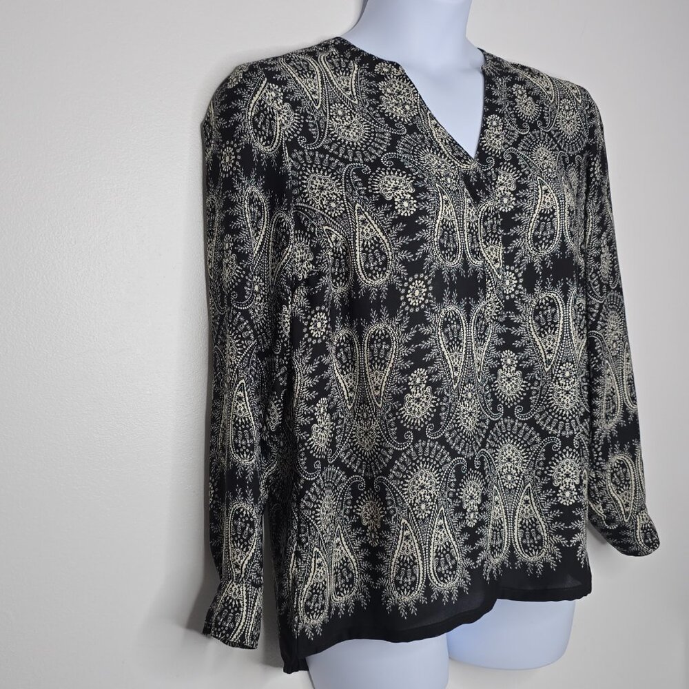 Rose + Olive Womens Top Shirt Large Blouse Paisley Black Cream Boho Long Sleeves - Picture 3 of 9